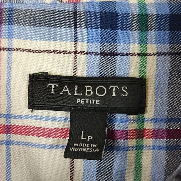 Talbot's Blue Plaid Button Front Shirt Long Sleeve Top Metallic Stripe Size LP - Picture 2 of 10
